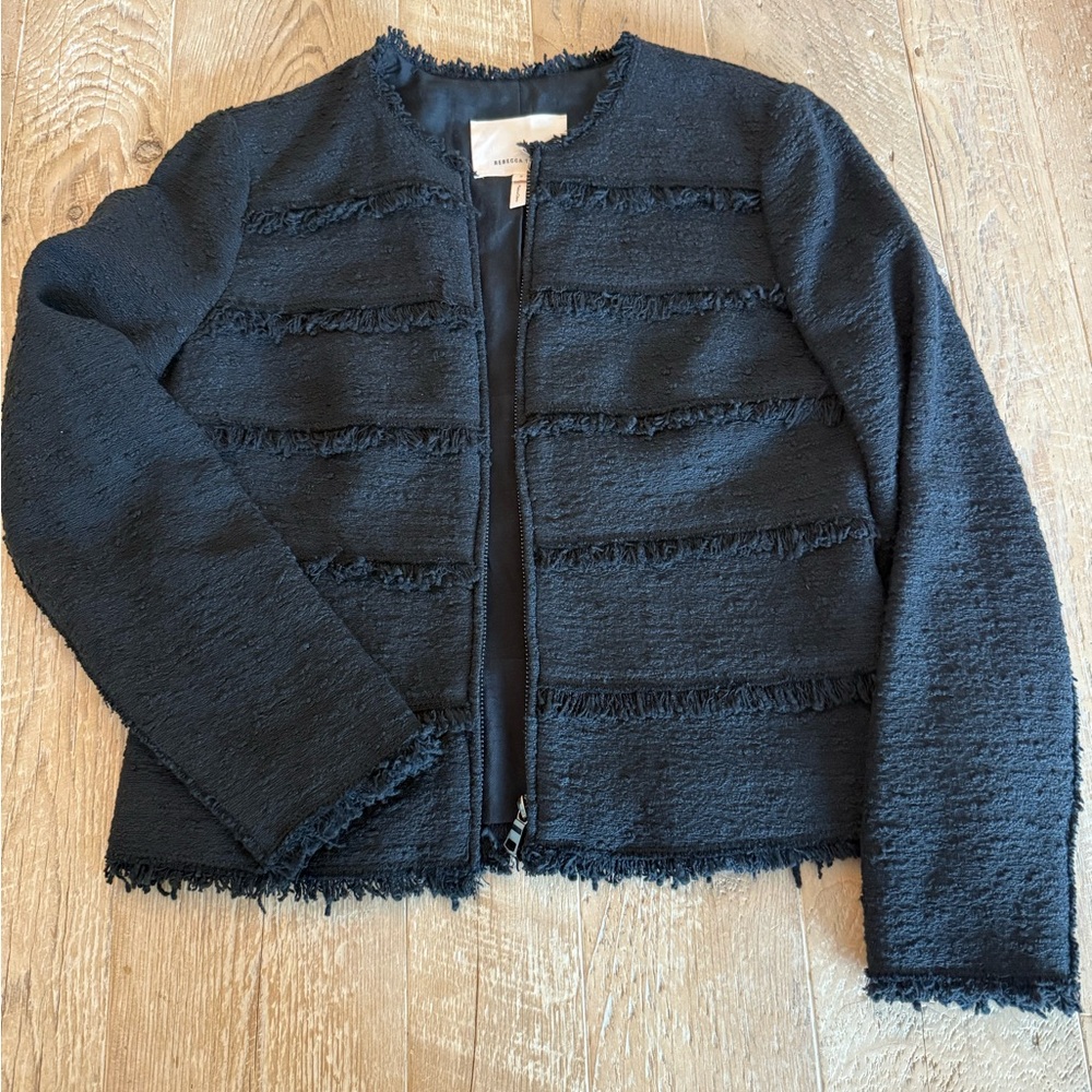 Rebecca Taylor Black Fringe-Trim Open Jacket